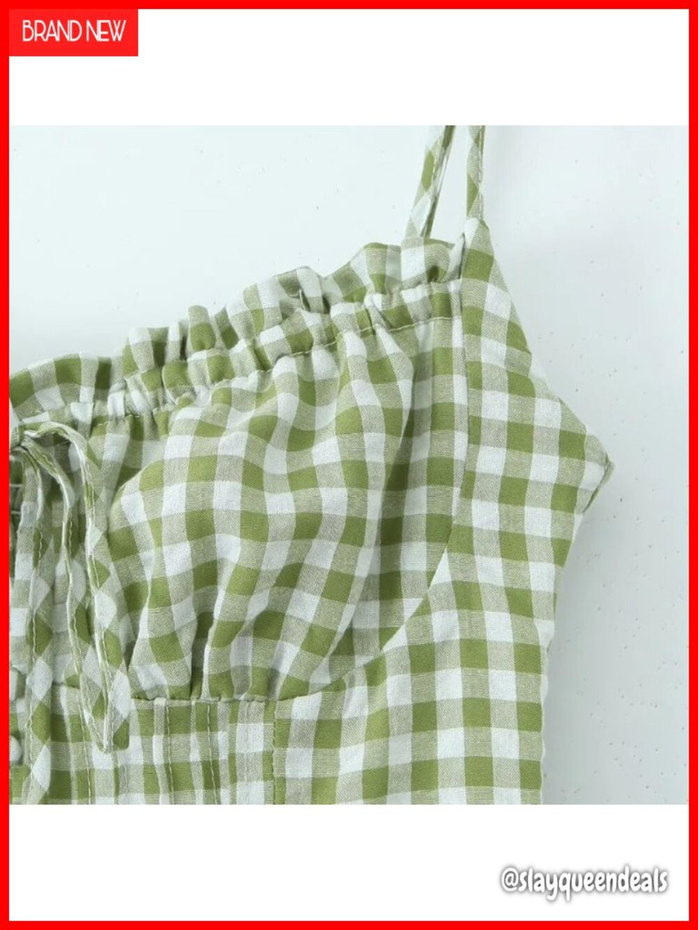 Women's Casual Vintage Lace Long Beach Corset Green Dress Gingham Spaghetti - Picture 3 of 5